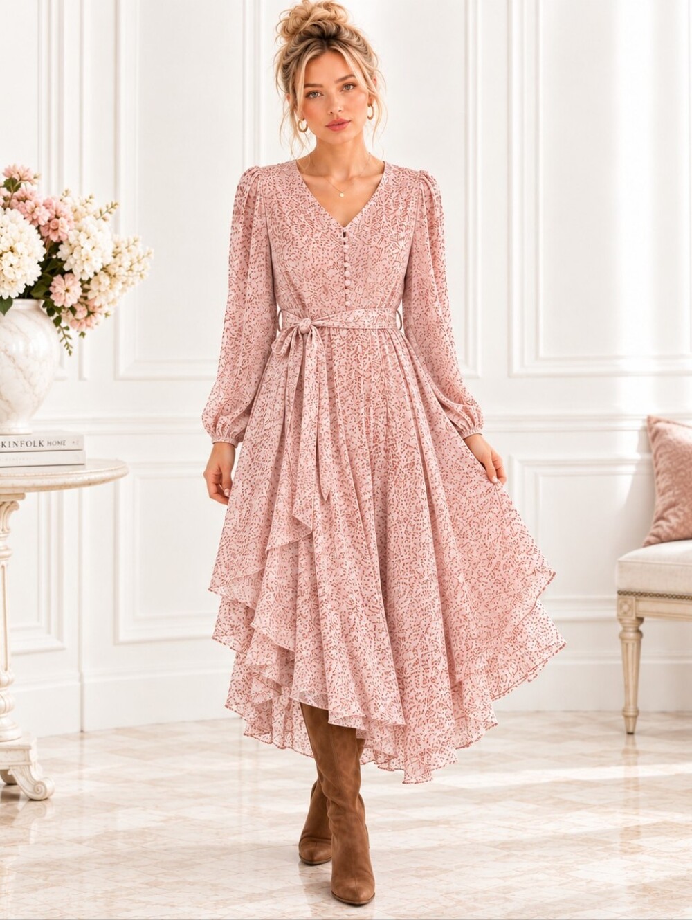 NWT Vince Camuto | Pink Printed High Low Midi Dress | Size Small